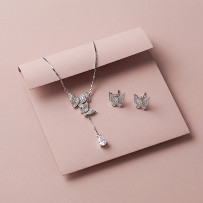 Silver Dainty Butterfly Necklace Set