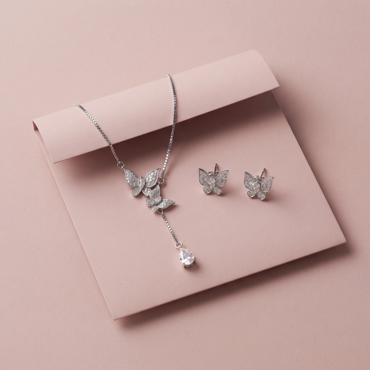 Silver Dainty Butterfly Necklace Set