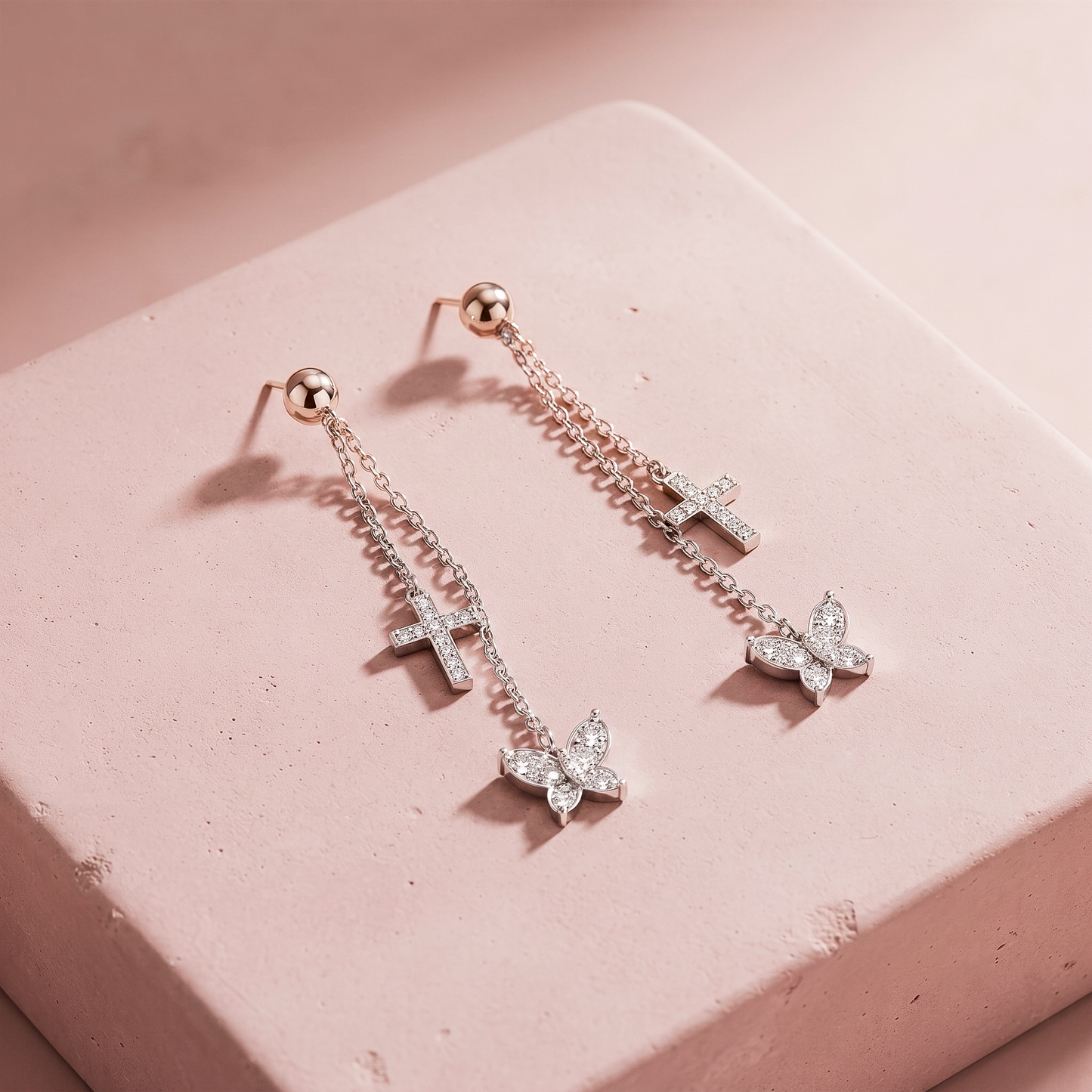 Rose Gold Plated Butterfly Cross Dangle Earrings