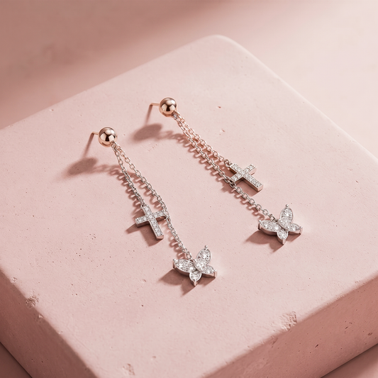 Rose Gold Plated Butterfly Cross Dangle Earrings