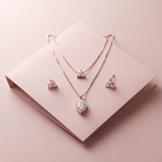 Rose Gold Plated Twin Layer Drop Necklace Set