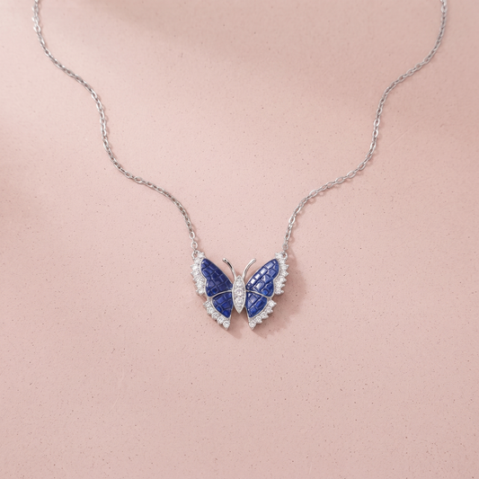 Silver Blue Wing Zircon Butterfly Necklace