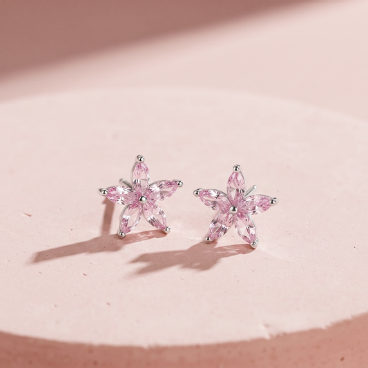 Silver Pink Bloom Stud Earring