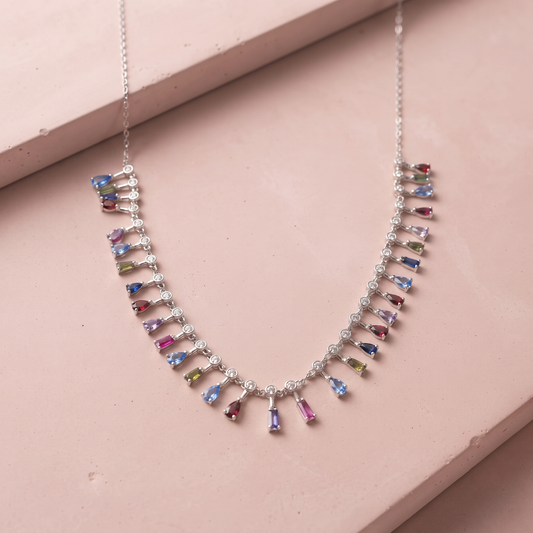 925 Sterling Sliver Rainbow Gemstone Necklace