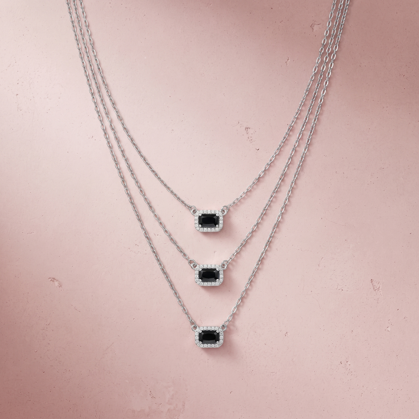Silver Black Stone Triple-Layer Necklace