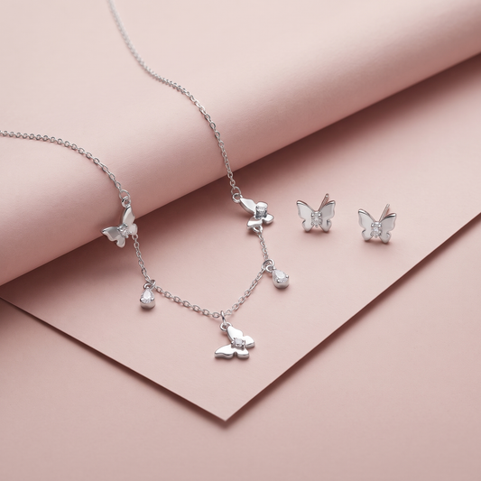 Silver Flying Butterfly Necklace Set