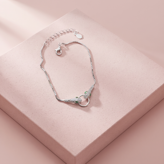 Silver Serpent Head Bracelet with Zircon Stones