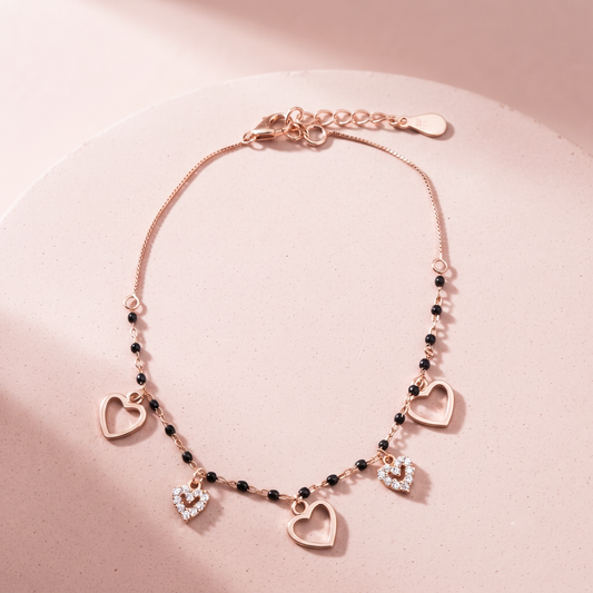 Rose Gold Plated Silver Heart Charms Bracelet