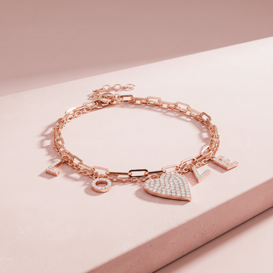 Rose Gold Plated Silver LOVE Layered Heart Bracelet