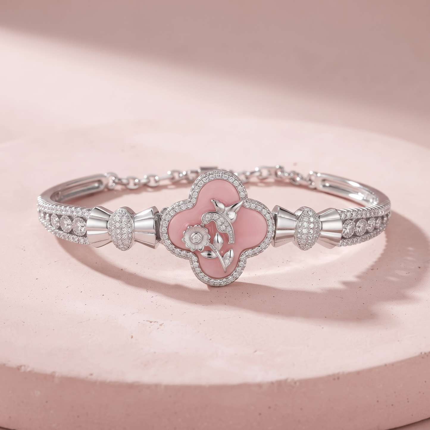 Silver Elegant Pink Flower Bracelet