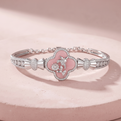 Silver Elegant Pink Flower Bracelet