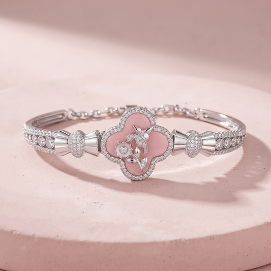Silver Elegant Pink Flower Bracelet