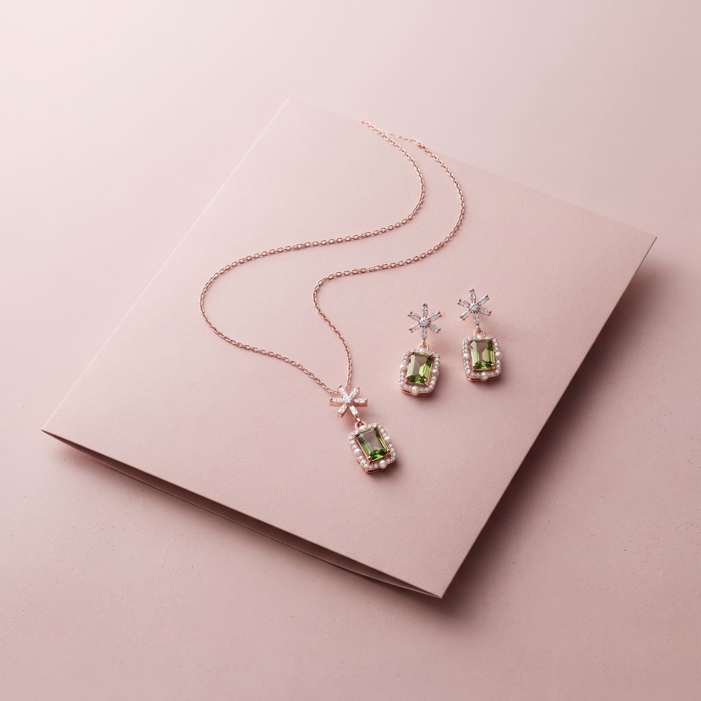 Rose Gold Plated Moss Green Prism Necklace Set