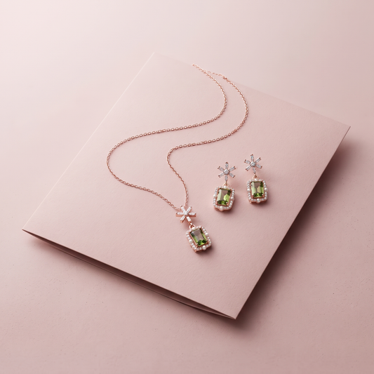 Rose Gold Plated Moss Green Prism Necklace Set