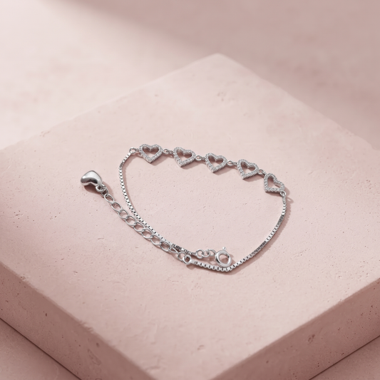 Silver Diamond Studded Hearts Bracelet