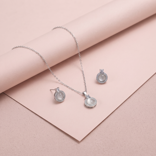 Silver Pearl Halo Necklace Set