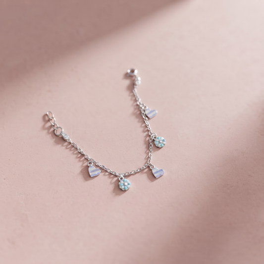 Silver Dainty Heart & Flower Baby Bracelet