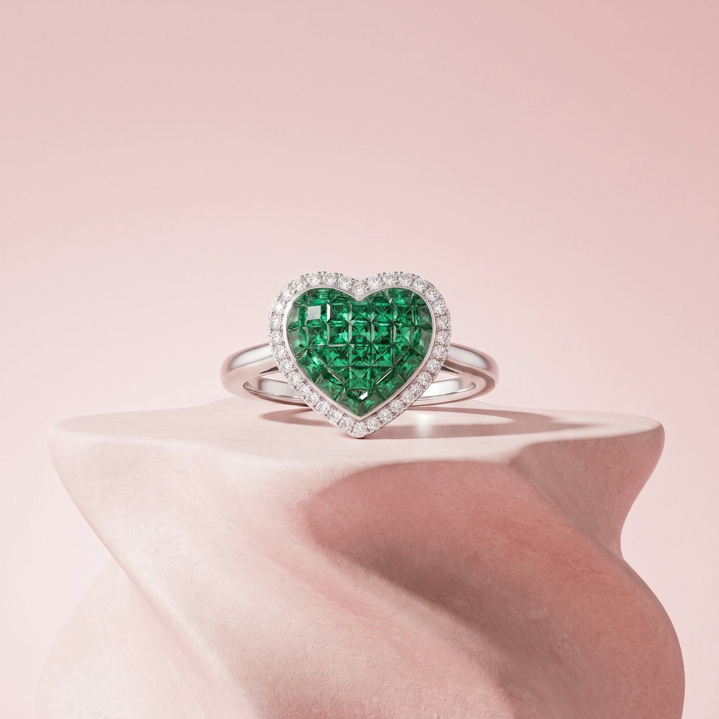 Silver Heart‑Shaped Emerald Halo Ring