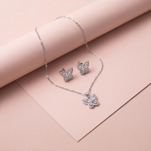 Silver Crystal Encrusted Butterfly Necklace Set