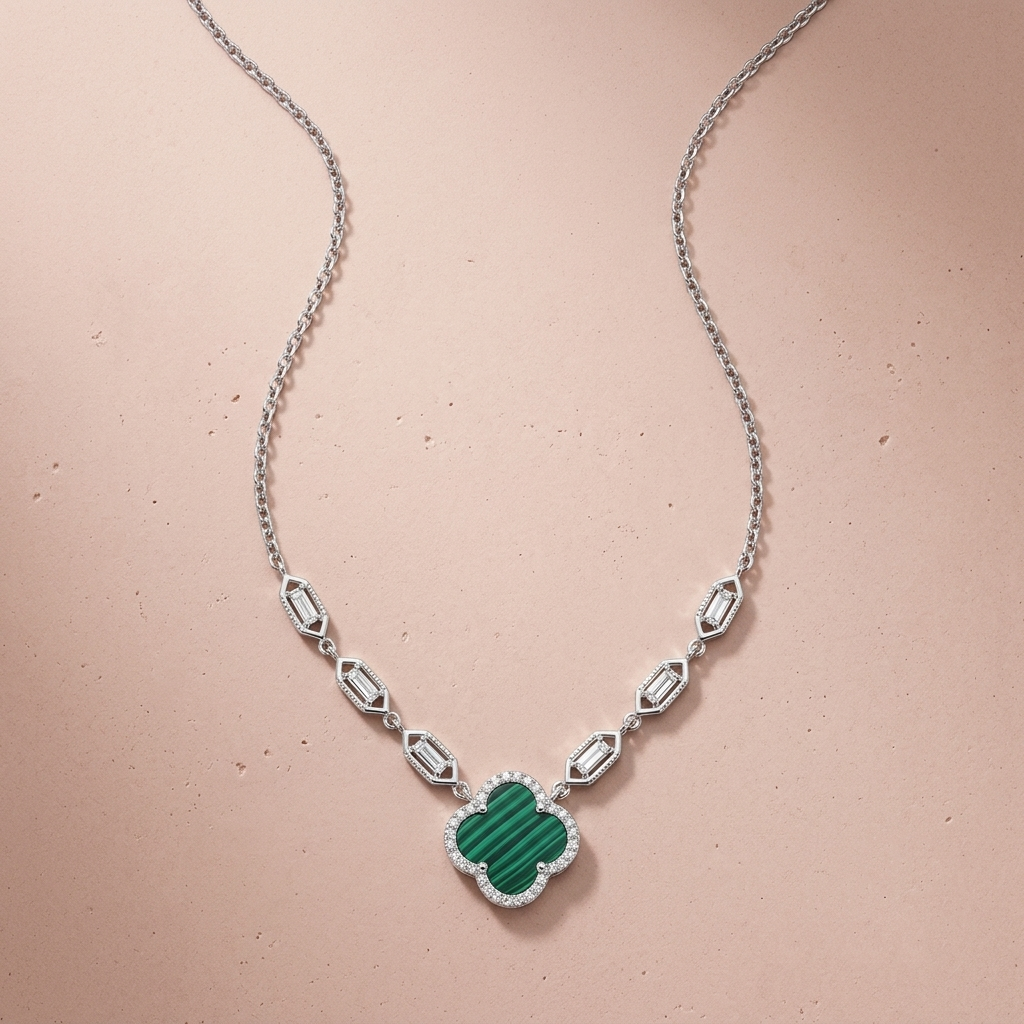Silver Malachite Clover Necklace