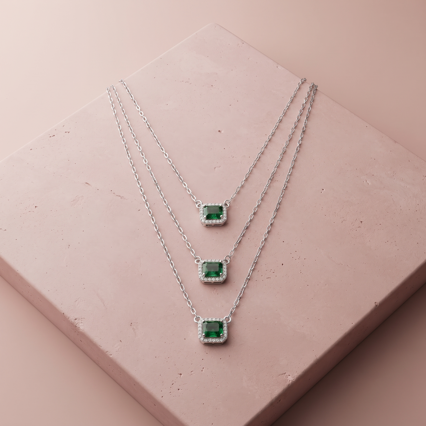 Silver Emerald Glow Triple-Layer Necklace