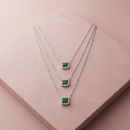 Silver Emerald Glow Triple-Layer Necklace