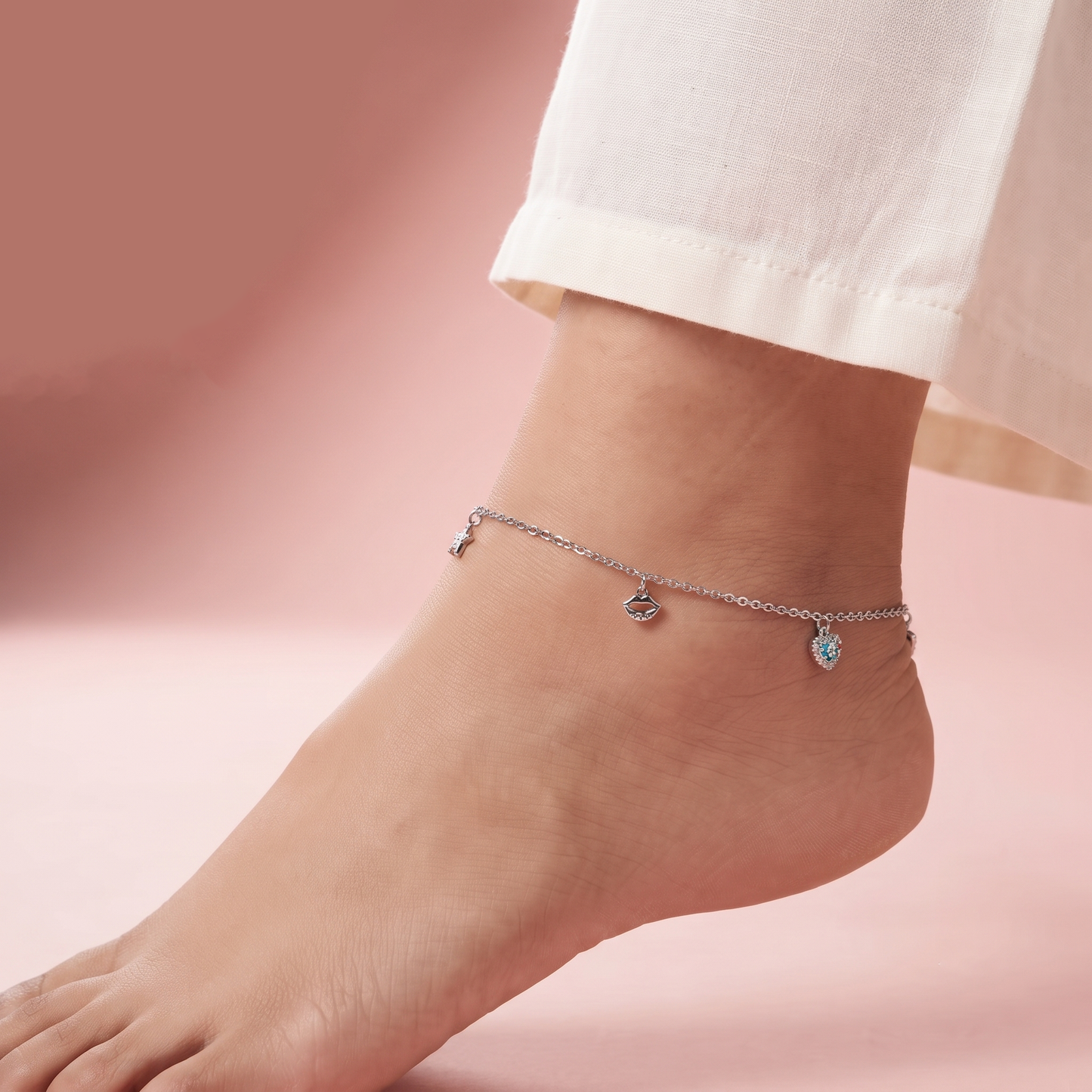 Silver Colorful Heart & Lips Anklet