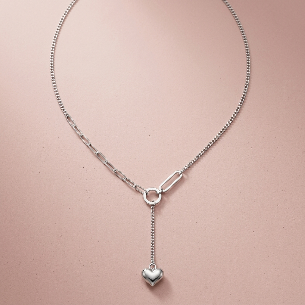 Silver Y Link Drop Heart Pendant