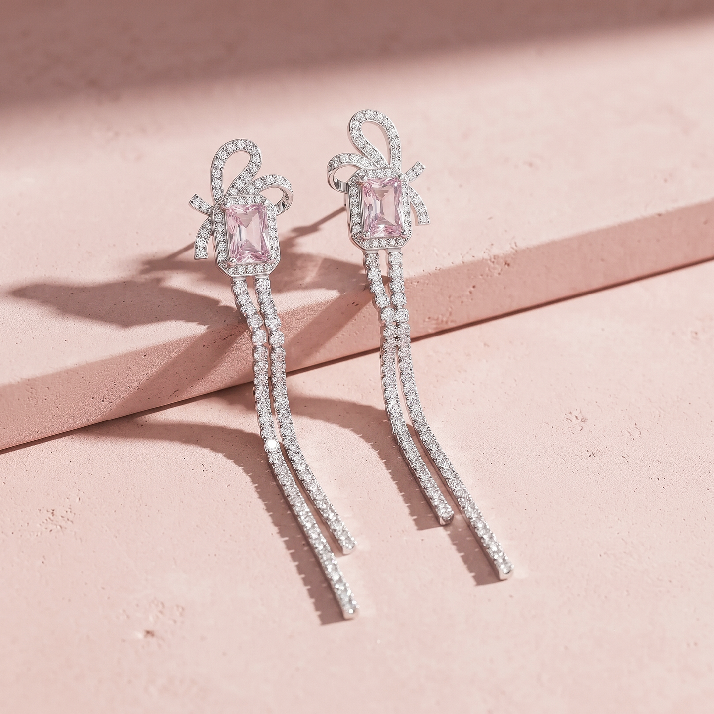 Silver Pink Stone Dual Strip Modern Earring