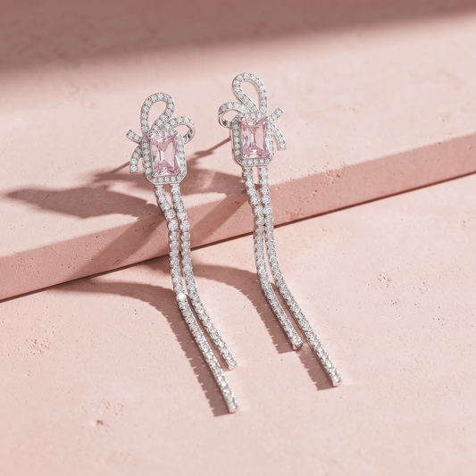 Silver Pink Stone Dual Strip Modern Earring