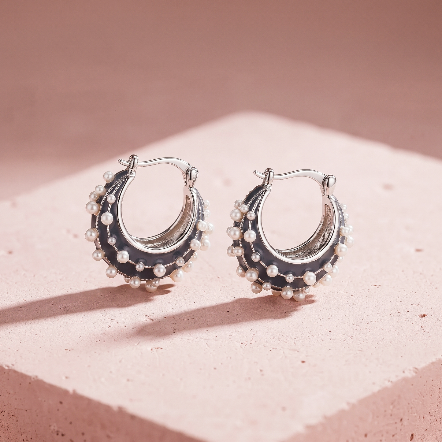 Silver Pearl‑Embellished Hoop Earrings