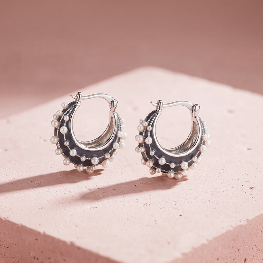 Silver Pearl‑Embellished Hoop Earrings