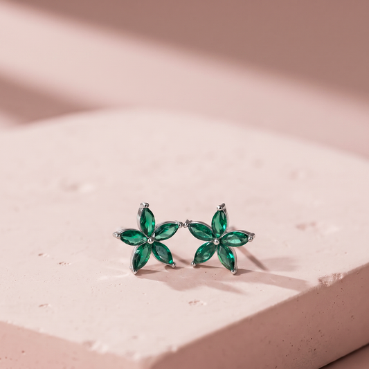 Silver Emerald Bloom Stud Earring