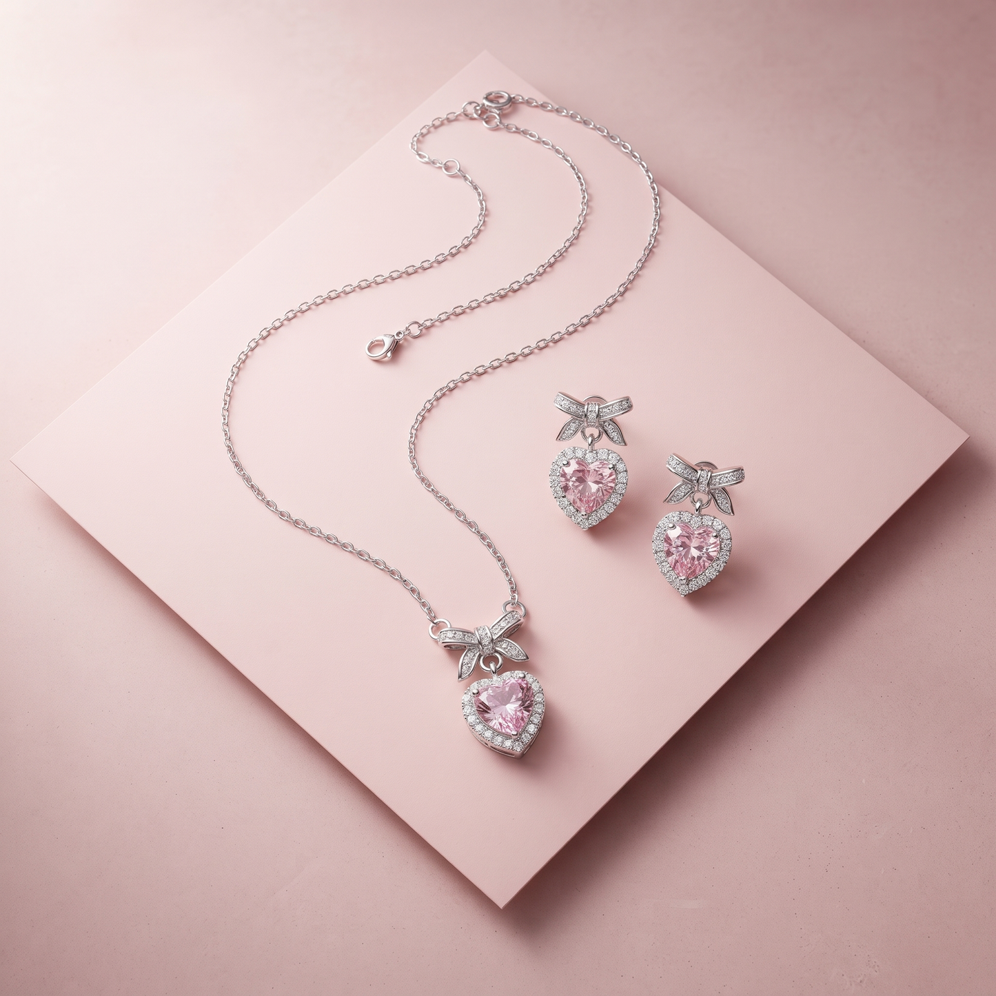 Silver Pink Heart Bow Necklace