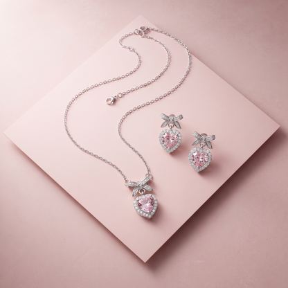 Silver Pink Heart Bow Necklace