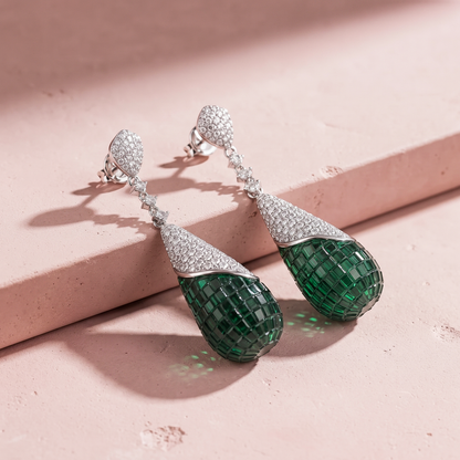 Silver Emerald Teardrop Diamond  Earring