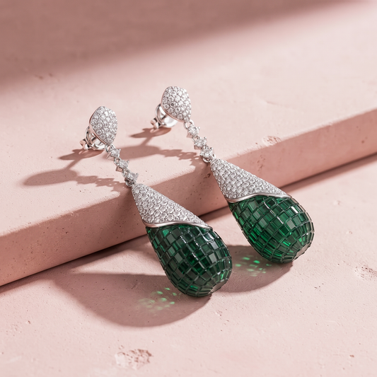 Silver Emerald Teardrop Diamond  Earring