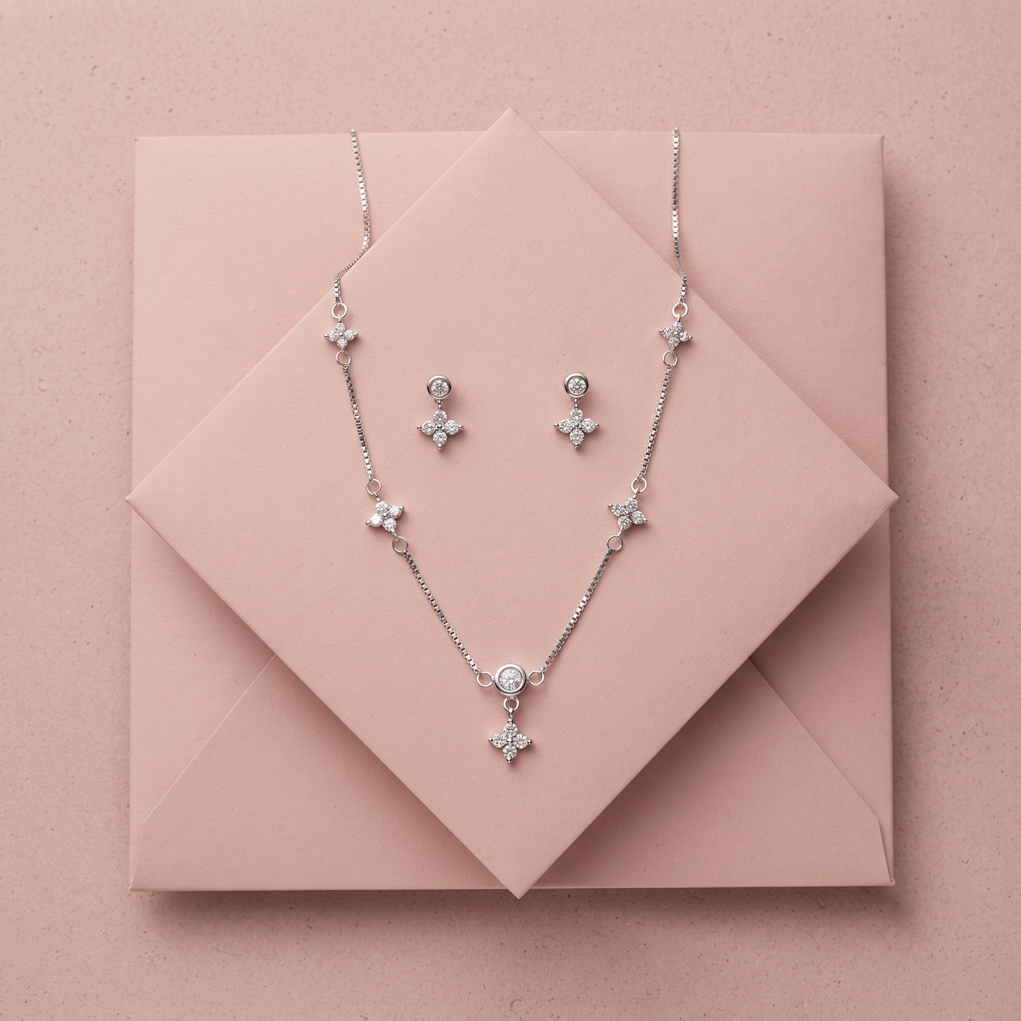 Silver Tiny Bloom Drop Necklace Set