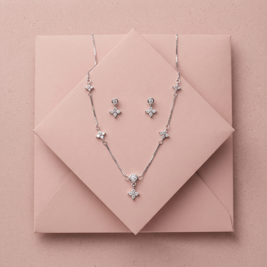 Silver Tiny Bloom Drop Necklace Set