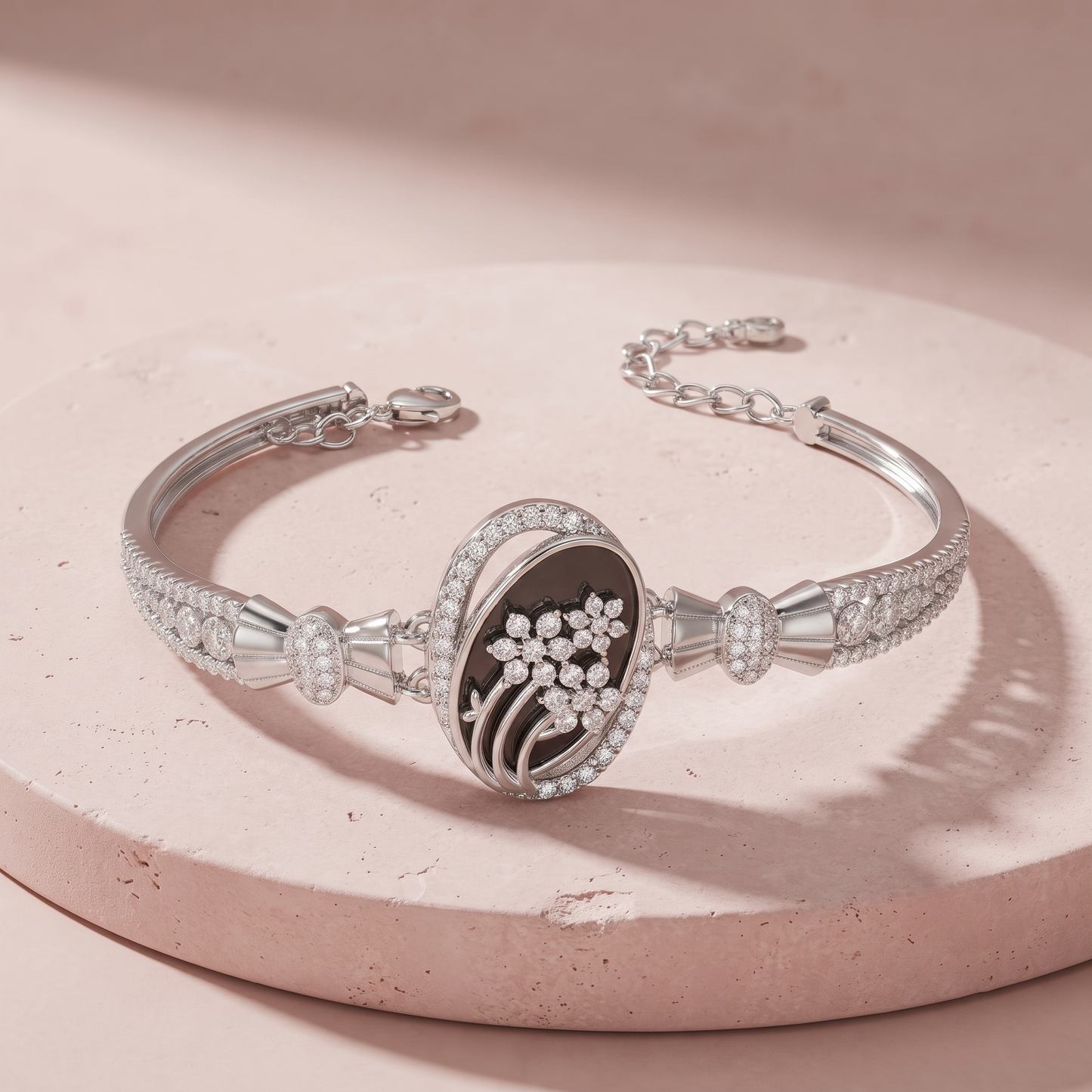 Silver Elegant Black Floral Bracelet
