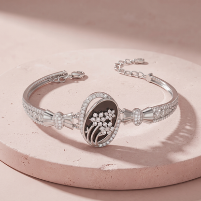 Silver Elegant Black Floral Bracelet