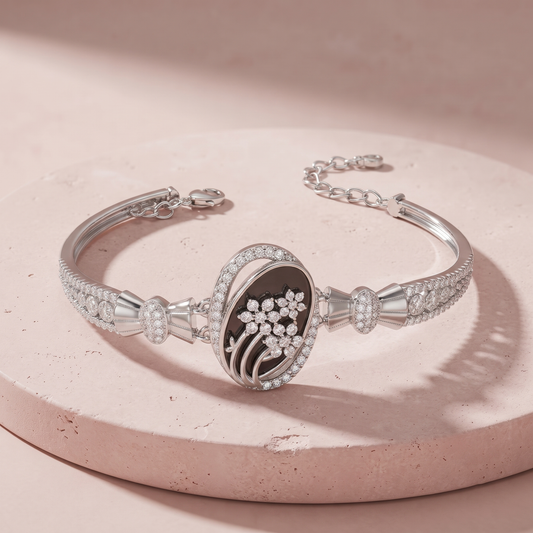 Silver Elegant Black Floral Bracelet
