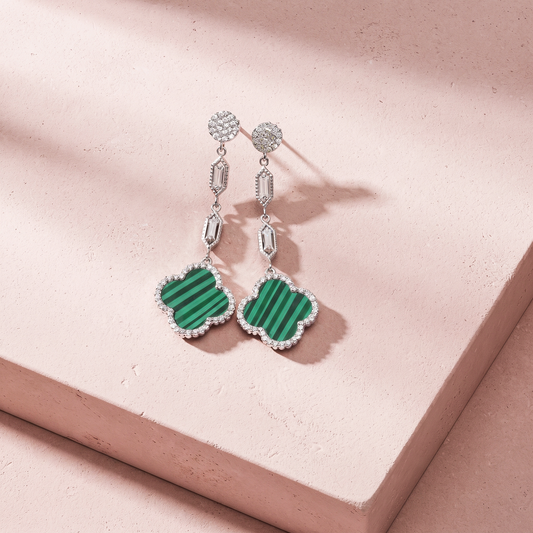 Silver Fourleaf Clover Statement Earrings in Green