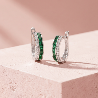 Silver Green Gem Hoop Earrings