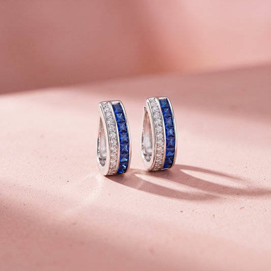 Silver Blue Gem Hoop Earrings