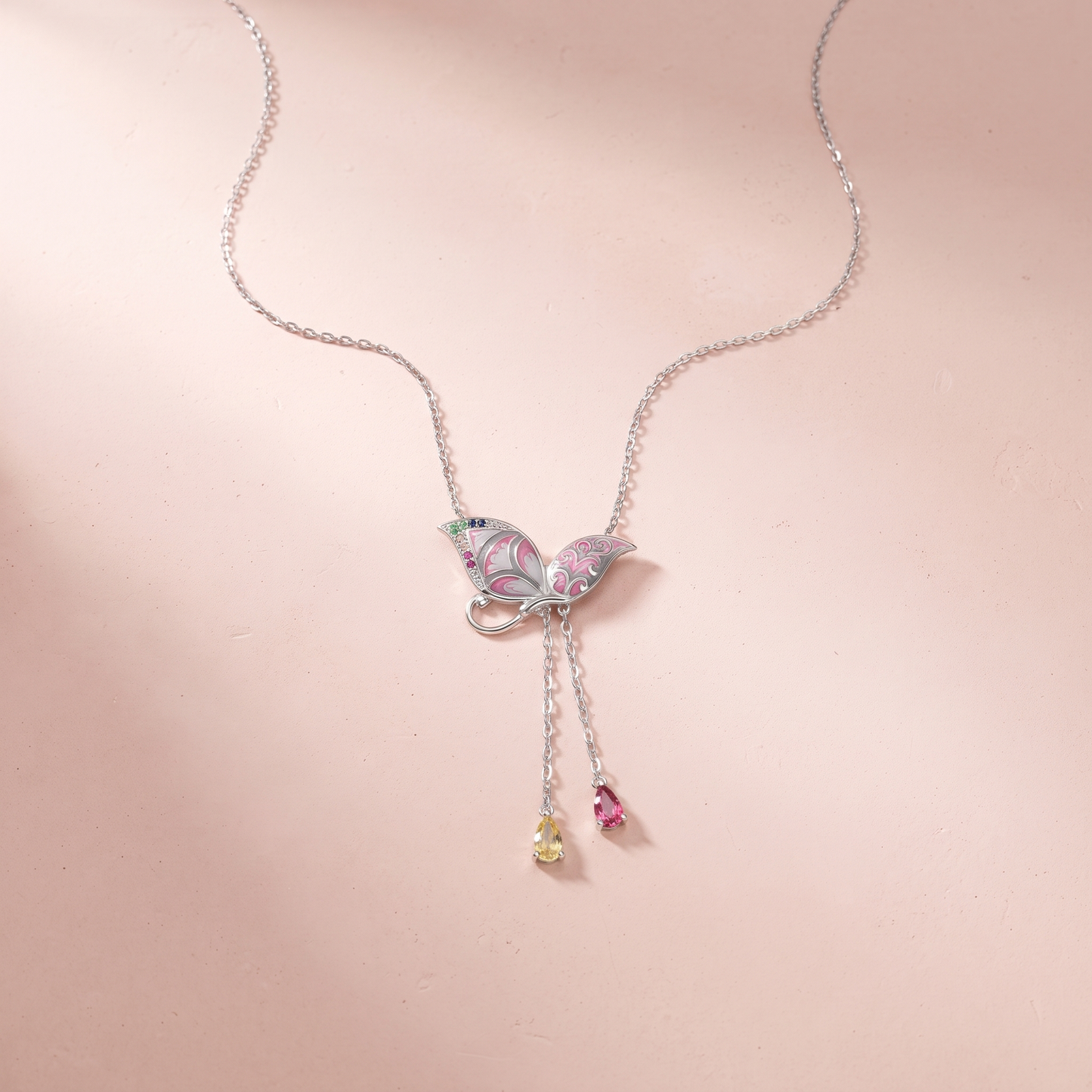 Silver Enameled Butterfly Pink & Yellow Crystal Necklace