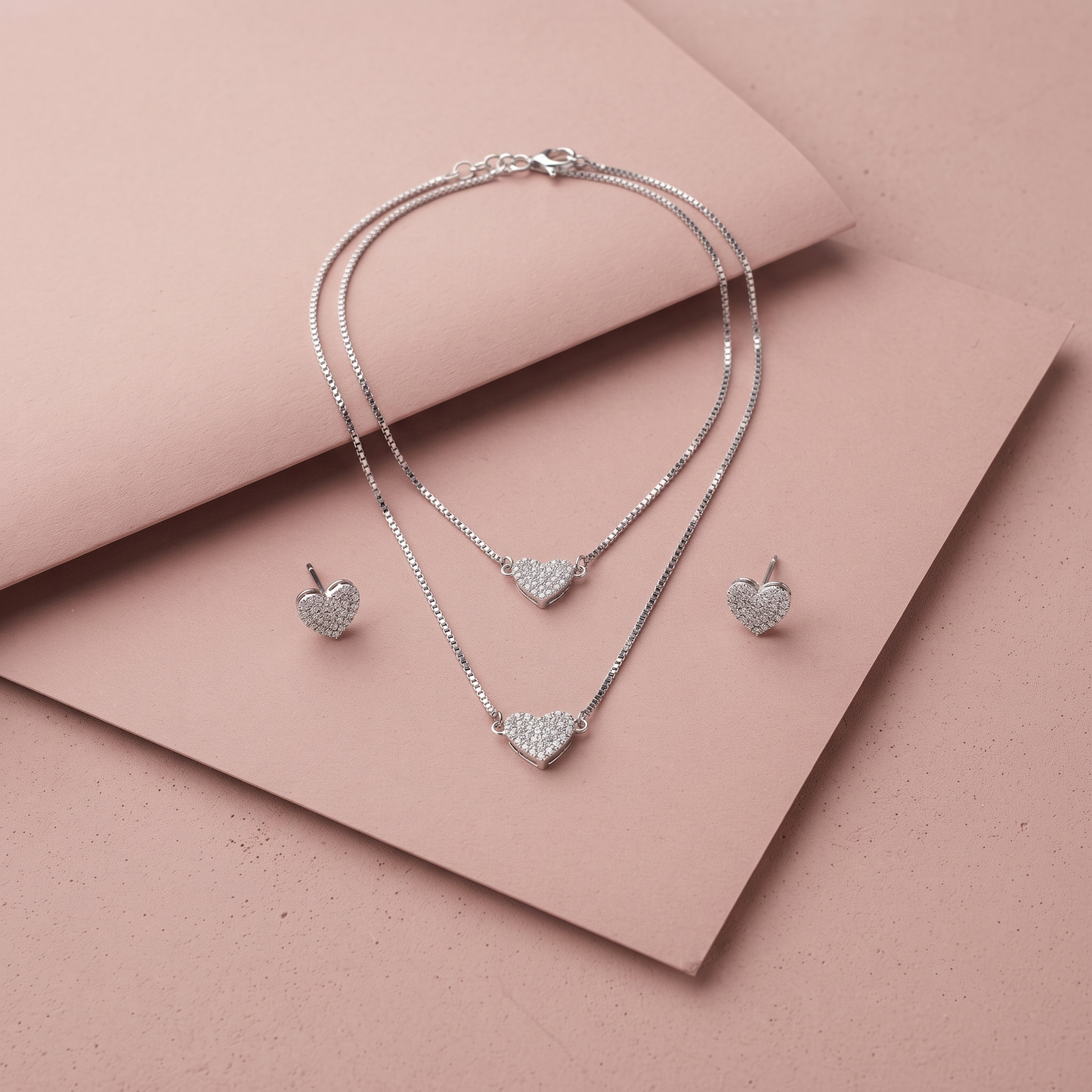 Silver Layered Pave Heart Necklace Set