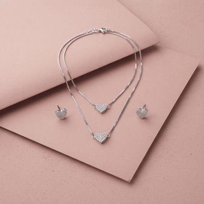 Silver Layered Pave Heart Necklace Set