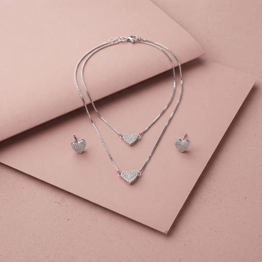 Silver Layered Pave Heart Necklace Set