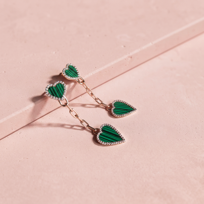 RoseGold Plated Silver Drop Heart Earrings in Green